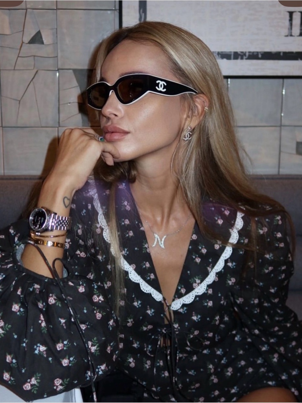 CHANEL Black and White Cat-Eye Logo Sunglasses